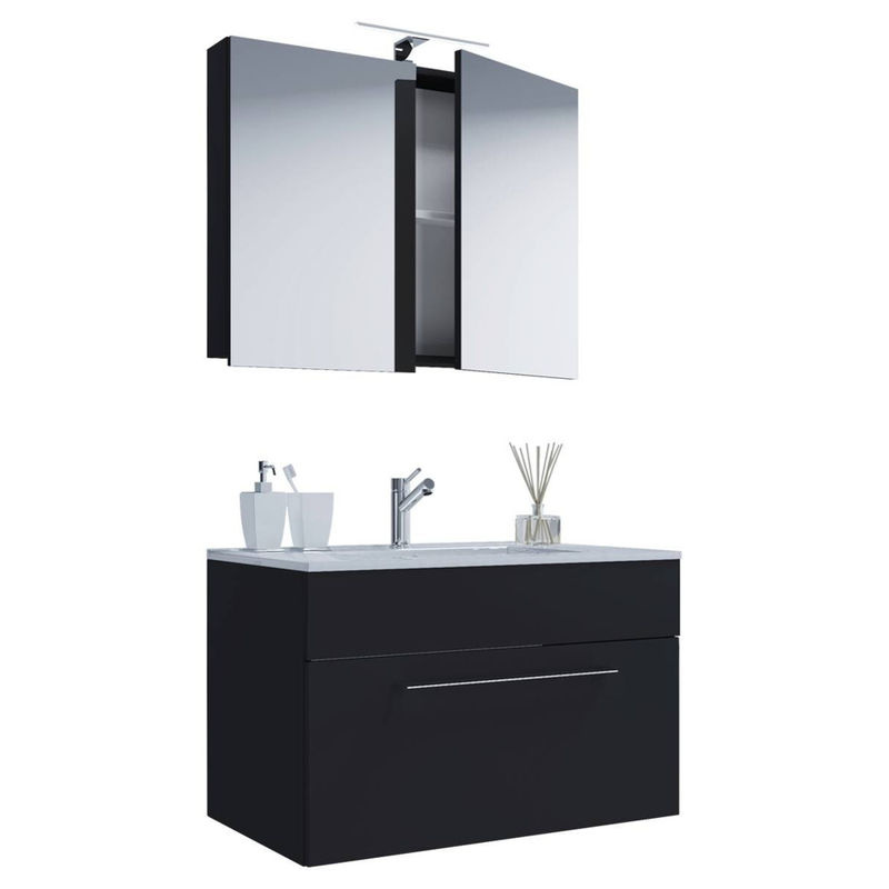 VCM Badinos 3-tlg. Badmöbel Set hängend in Schwarz mit Waschbecken, Unterschrank und Spiegelschrank, B/H/T: 60 x 50 x 46 cm - Bild 2