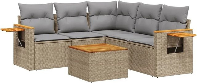 vidaXL 6-teilige Garten-Sofagarnitur in L-Form aus Poly-Rattan und Akazienholz mit Kissen in Beige - Bild 1