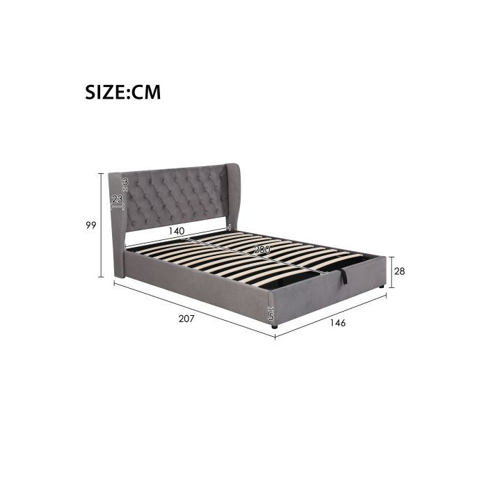 MUVOE Gepolstertes Bett im Chesterfield-Design mit integriertem Stauraum aus Samtstoff, Grau, B/T: 140 x 200 cm - Bild 2