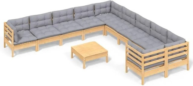 vidaXL 11-tlg. Garten-Lounge-Set aus massivem Kiefernholz in Braun-Grau mit grauen Polstern und Kissen in L-Form - Bild 1