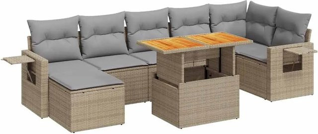 vidaXL 8-teilige Garten-Sofagarnitur in L-Form mit Kissen, Beige und Grau, aus PE-Rattan, Akazienholz und pulverbeschichtetem Stahl - Bild 1