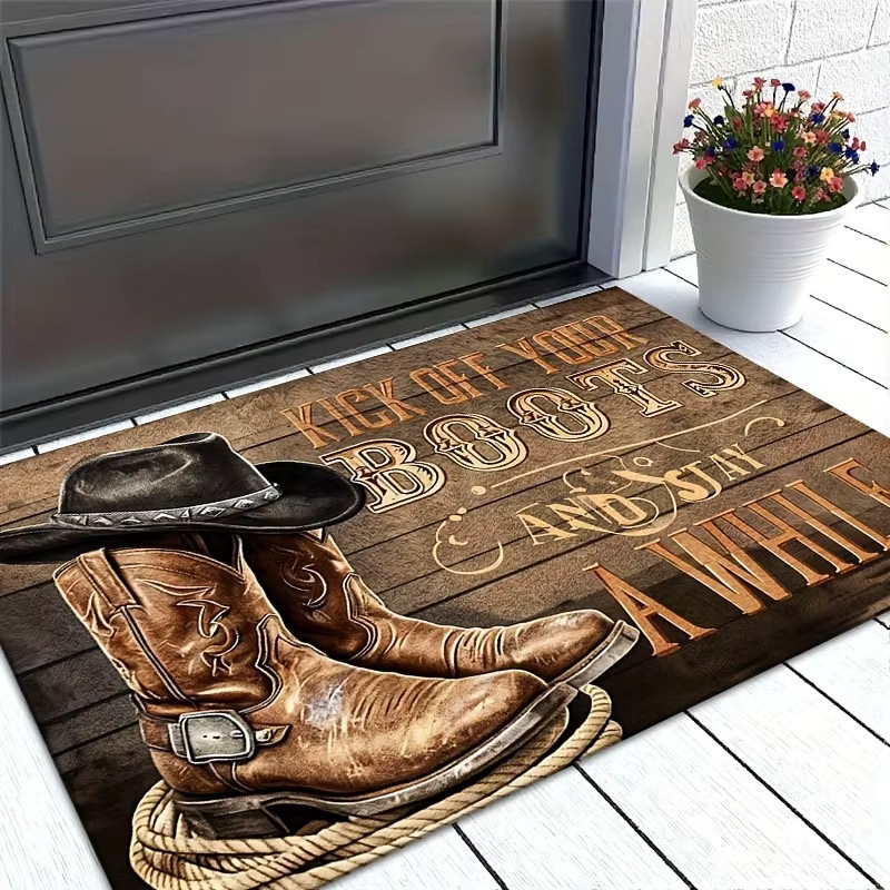 VIKAMA Western Cowboy Fußmatte mit Kick Off Your Boots Aufdruck, Rutschfester und Waschbarer Eingangsteppich im Rustikalen Farmhaus-Stil, Farbe: Braun, B x T: 60 x 40 cm - Bild 4