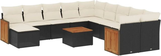 vidaXL 12-tlg. Garten-Sofagarnitur aus Polyrattan und Akazienholz mit Kissen in Schwarz-Creme - Bild 1