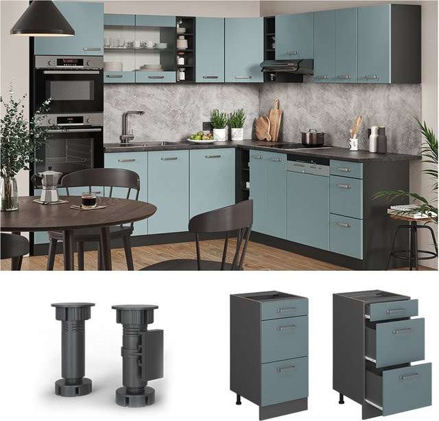 Vicco Küchenunterschrank R-Line Solid mit Schubladen Anthrazit und Blau, Breite: 40 cm - Bild 1