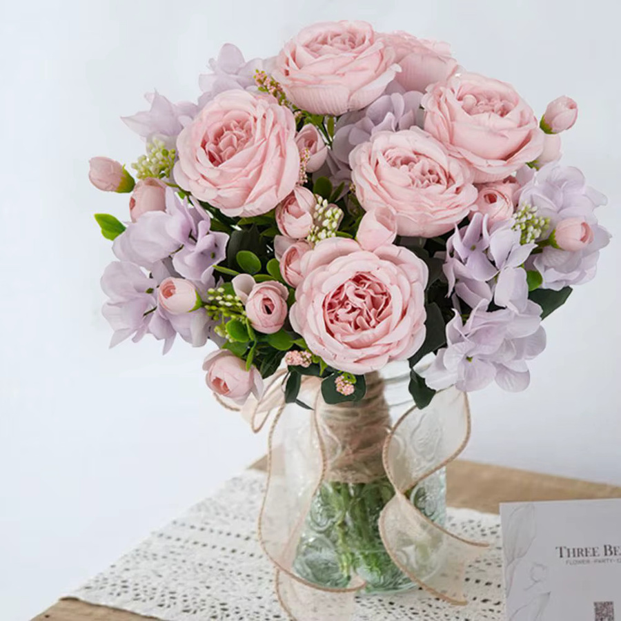 XIAOYINMO Künstliche Seiden-Blumen in Pink als Hortensien und Pfingstrosen für Garten, Hochzeit und Dekoration - Bild 1