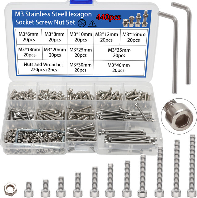 MIVM 440 Stück M3 Edelstahl Innensechskantschrauben und Muttern Set in Silber - Bild 1