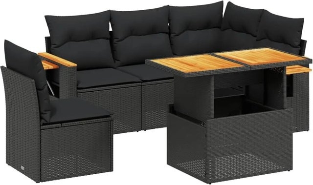 vidaXL 6-teilige Garten-Sofagarnitur in L-Form aus schwarzem Poly-Rattan mit Kissen und Akazienholz - Bild 1