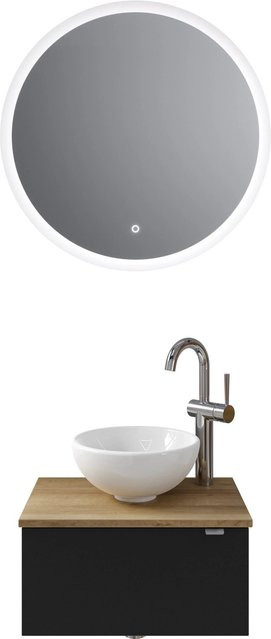 Pelipal Badmöbel-Set Serie 6915 in Schwarz Matt und Riviera Eiche mit Waschtischunterschrank, Waschtischplatte, Keramik Aufsatzbecken und Funktionsspiegel mit LED-Beleuchtung und Sensor-Schalter - Bild 1