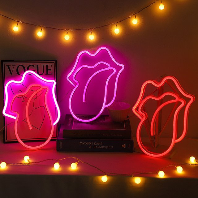 Neon-Schild Lichtdekoration Zunge und Lippen in Pink als moderne Nachtlicht-Deko für Schlafzimmer und Wohnzimmer - Bild 1