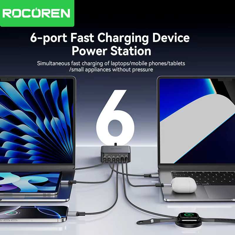 Rocoren 200 W GaN Schnellladegerät mit 6 Ports und USB Typ C für iPhone 15 16 Pro Max und Samsung - Bild 2