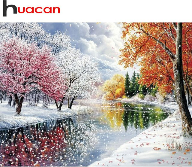 Huacan Diamant-Gemälde Winter-Schneeslandschaft mit gefallenen Blättern, Diamant-Mosaik Wanddekoration in Multicolour, runde Bohrer - Bild 1