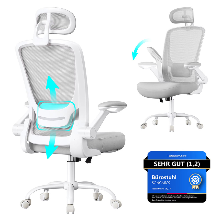 Ergonomischer SONGMICS Bürostuhl mit Mesh, Kopfstütze und Wippfunktion, Drehstuhl in Grau oder Weiß mit 53 cm Sitzfläche - Bild 2