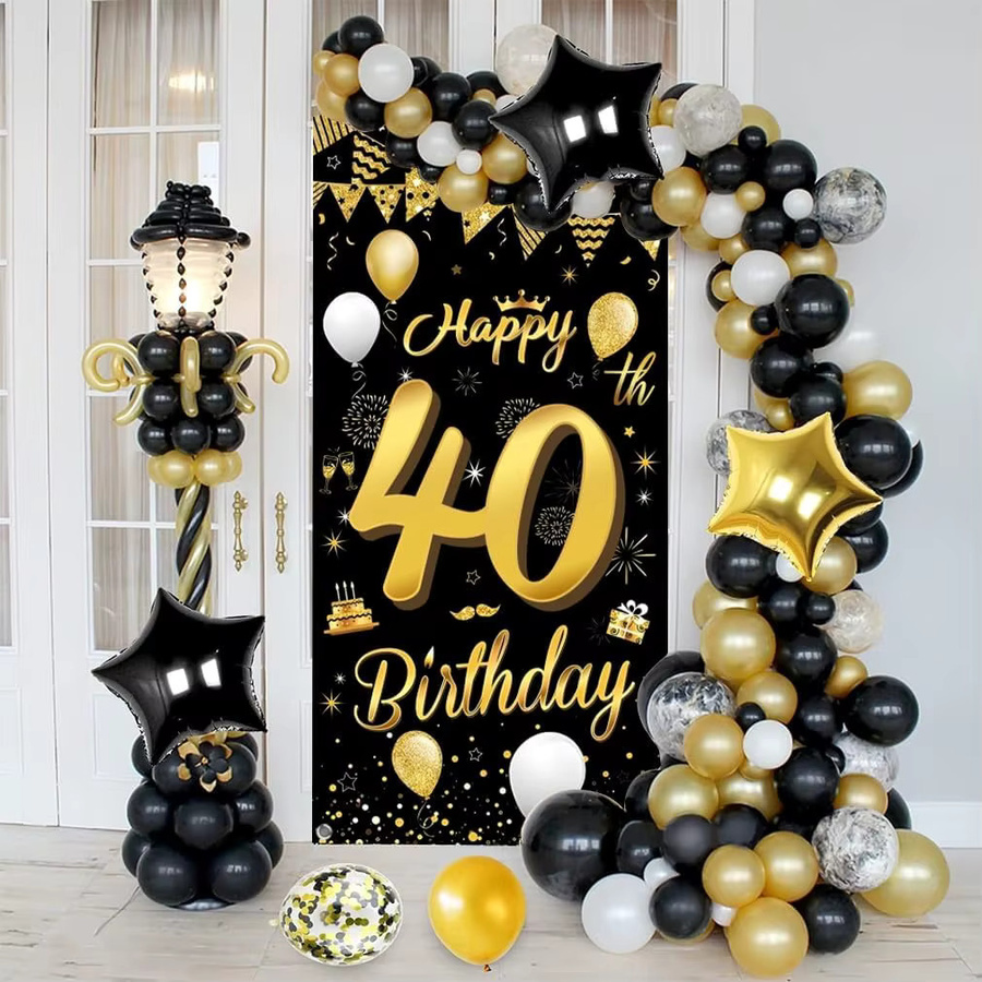 OURFETE Türbanner Happy 40. Geburtstag in Schwarz-Gold mit Ballon-Konfetti-Muster, Fotohintergrund für Geburtstagsfeiern, Breite: 90 cm, Höhe: 180 cm - Bild 4
