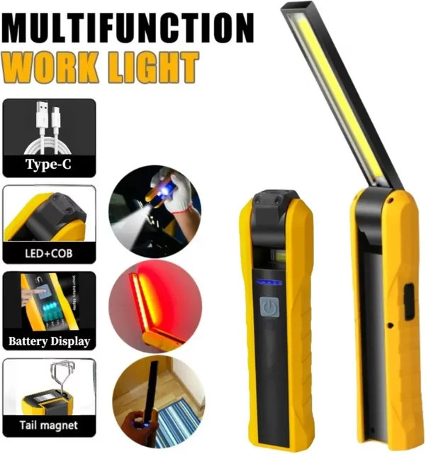 Tragbare LED-Taschenlampe mit COB-Arbeitsleuchte in Schwarz, USB wiederaufladbar mit Magnetfunktion und 4 Beleuchtungsmodi für Outdoor, Camping und Autoreparatur - Bild 1
