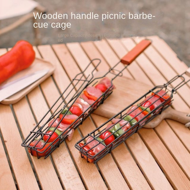 MAGICKIT Grillkäfig mit Holzgriff in Rot für Camping und Holzkohle Grillen - Bild 1