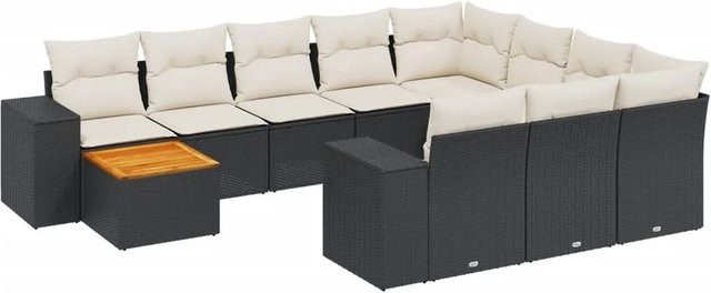 vidaXL 11-tlg Garten-Sofagarnitur aus Poly-Rattan und Akazienholz in Schwarz mit Kissen Modell 84 - Bild 1