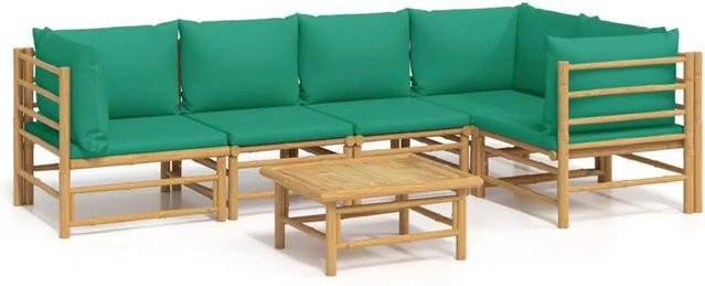 vidaXL 6-tlg Garten-Lounge-Set aus Bambus mit grünen Polstern und Tisch in L-Form - Bild 1