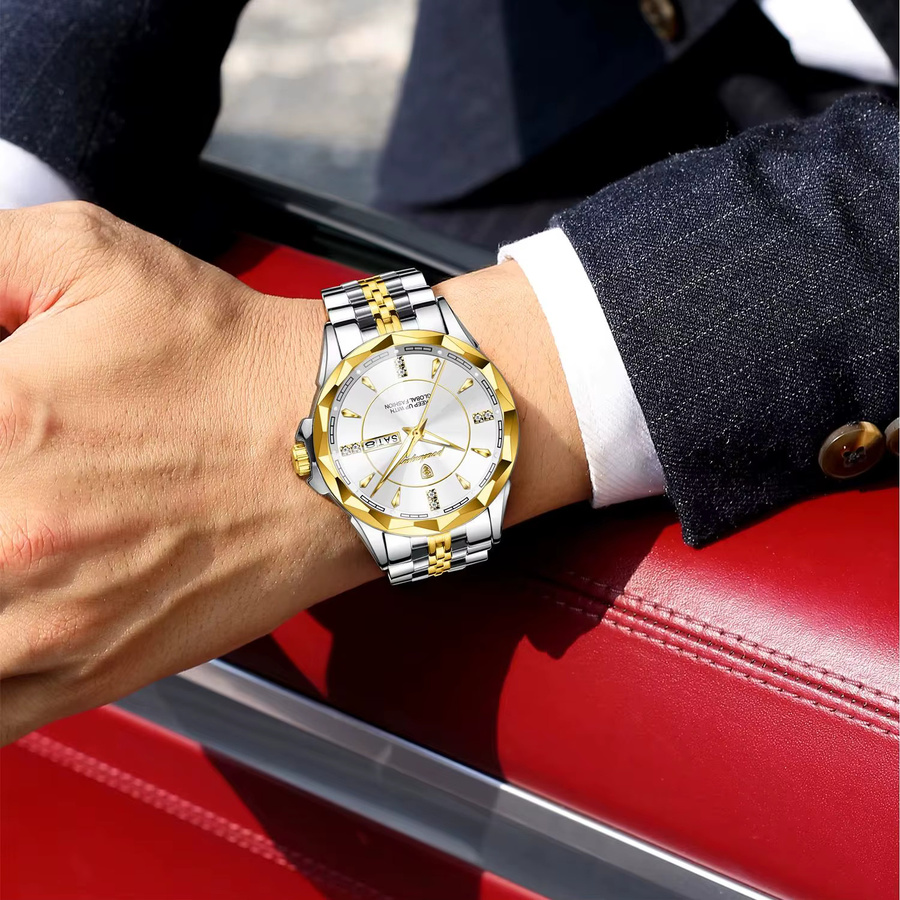 POEDAGAR Herren-Armbanduhr Edelstahl, Quarz, Gold, Datum, Wochentag - Bild 6