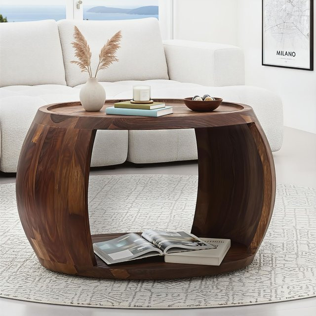 Finebuy Couchtisch aus Sheesham Massivholz rund in Braun im Landhausstil mit Ablagefach, Durchmesser: 60 cm - Bild 1