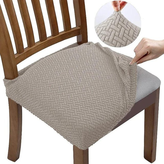 2er-Set Jacquard Stuhlhussen in Beige, elastische und schmutzabweisende Sitzbezüge für Esszimmerstühle - Bild 1