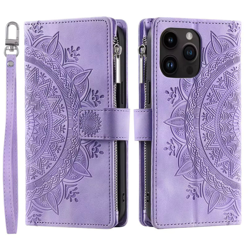 Leder Zipper Wallet Case für Motorola Moto G54 G34 G04 E13 G53 G13 G23 G72 G62 G73 G50 G30 G71 G31 G41 G Power in Grün und Lila - Bild 2