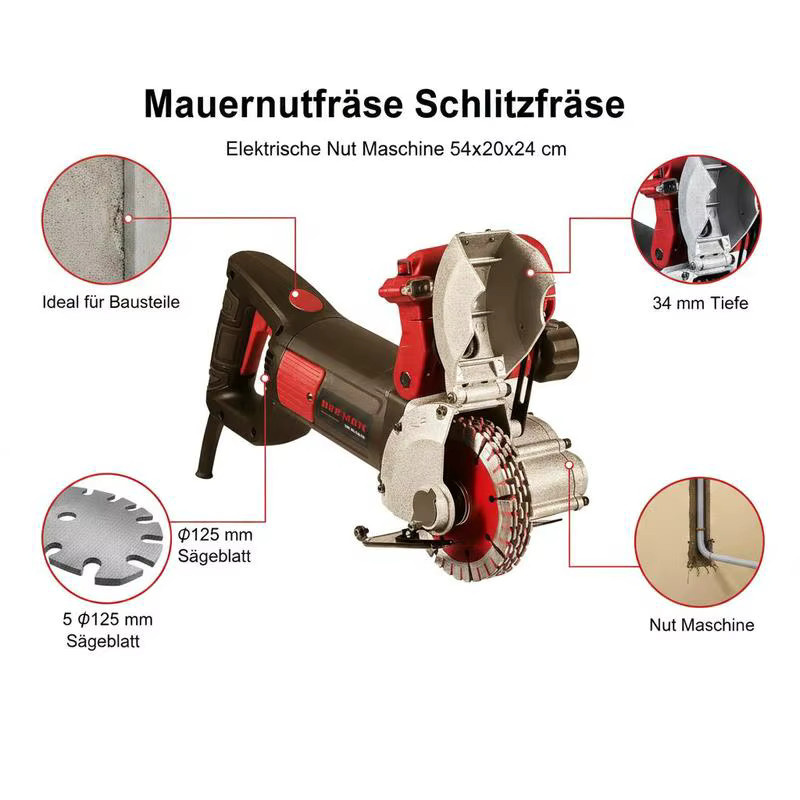 Elektrische Wandfräse und Nutfräse mit 4800W, 6500 U/min, Frästiefe: 34 mm, Fräsbreite: 38 mm, Sägeblattgröße: φ125 mm, B/T/H: 54 x 20 x 24 cm, rot/schwarz - Bild 3