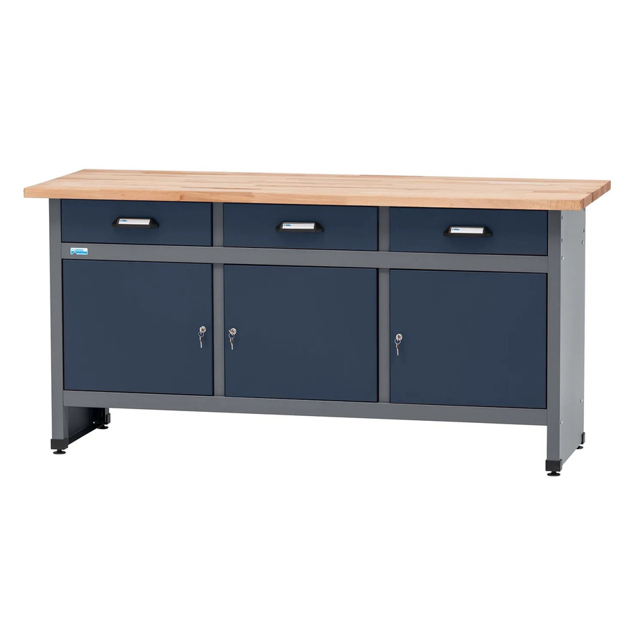 Küpper Werkbank mit 3 Türen und 3 Schubladen aus Vollbuchenplatte, Dunkelblau, B/T/H: 170 x 60 x 84 cm - Bild 2