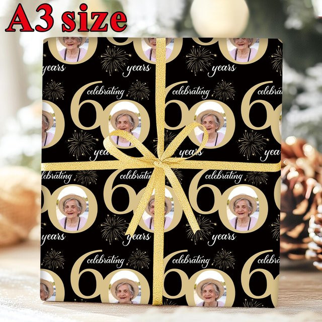 Personalisiertes Foto-Geschenkpapier für Geburtstage, 3 Blatt, Schwarz, für deine Partydekoration und DIY-Geschenkverpackung - Bild 1