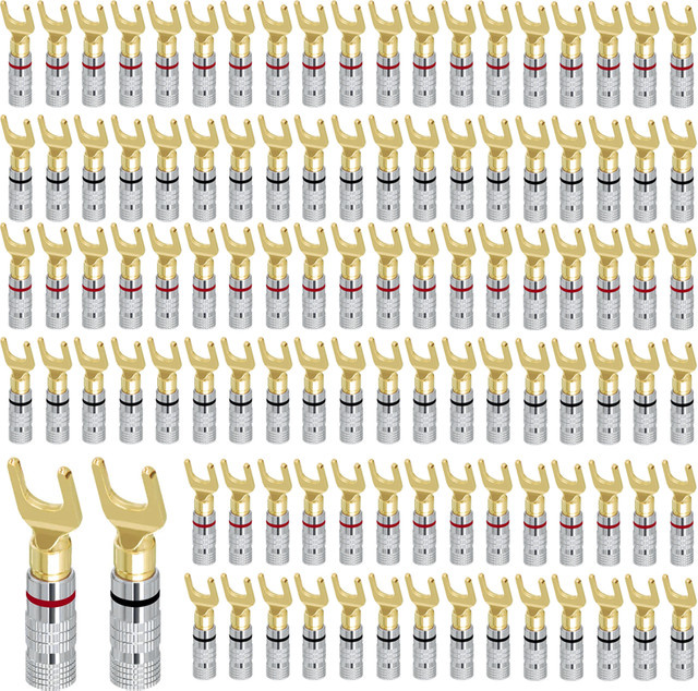 4 Stück vergoldete Audio-Lautsprecherstecker in Y- und U-Form als Bananenstecker und Kabelschuhe zur Drahtverbindung, Farbe: Gold - Bild 1