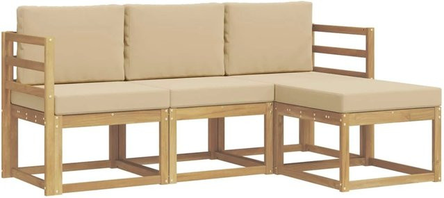 vidaXL Outdoor-Sofagarnitur 4-teilig aus Akazienholz in Beige und Weiß mit Polstern und L-Form - Bild 1