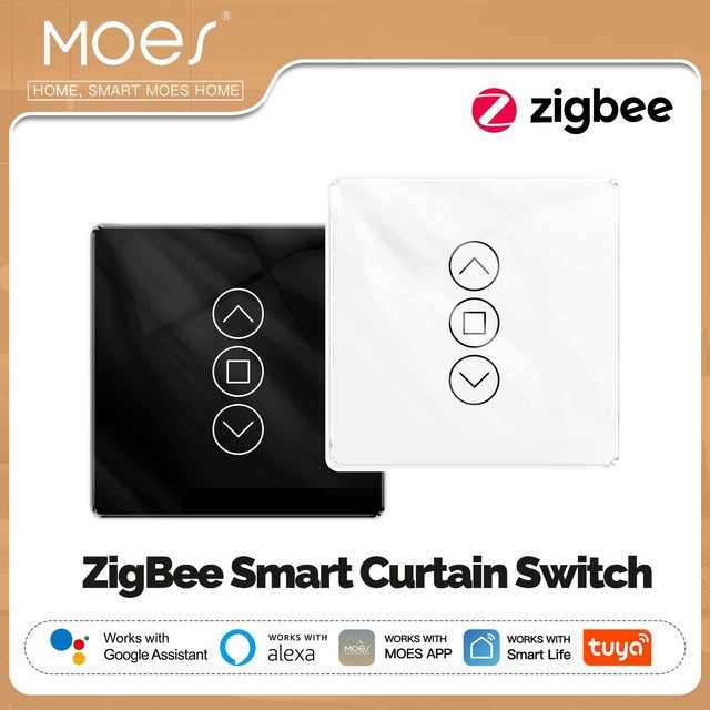 MOES Tuya ZigBee Smart Vorhangschalter mit RF433 Unterstützung, Arc Glas Touch Panel in Weiß, kompatibel mit Alexa und Google Home - Bild 1