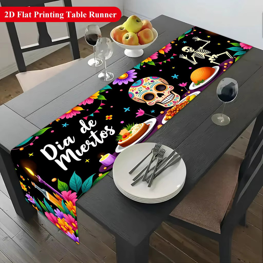 OURFETE Dia De Muertos Tischläufer mit Totenkopf- und Blumendruck in Multicolour, B/H: 180 x 35 cm - Bild 3