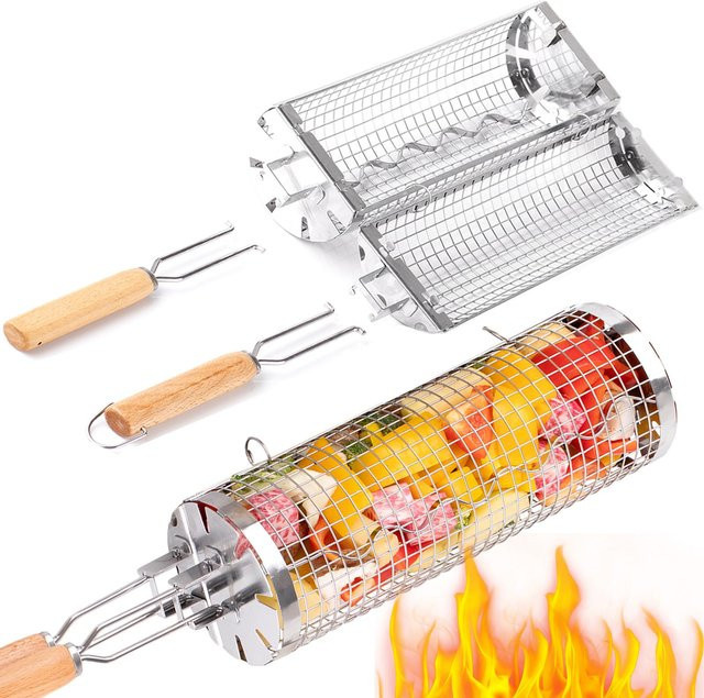 BUYYES Grillkorb Rund aus Edelstahl mit abnehmbarem Holzgriff für BBQ und Camping, Silber - Bild 1