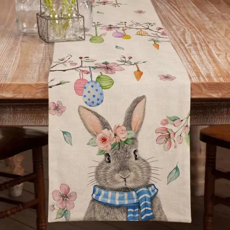 VIKAMA Osterhase Tischläufer aus Leinen in Beige mit floralem Design, Breite: 33 cm, Tiefe: 90 cm - Bild 2