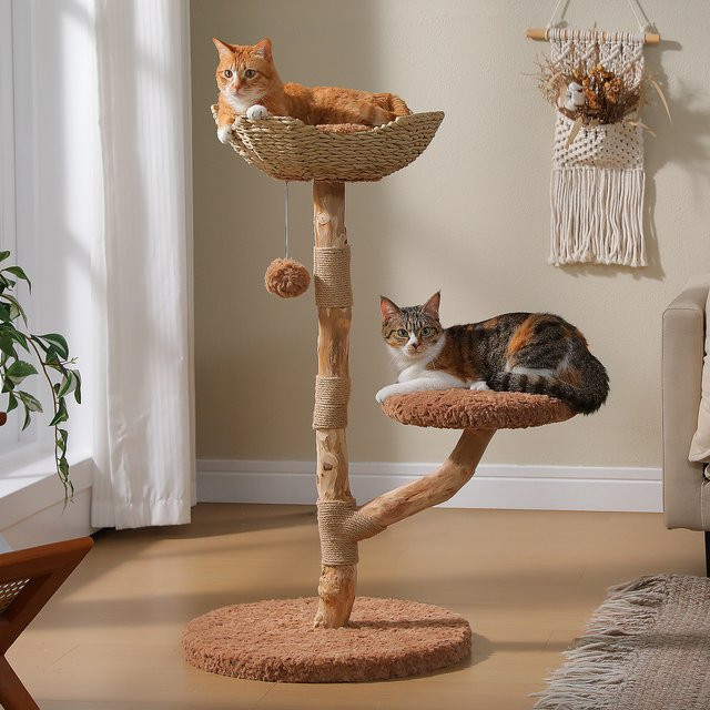 PAWZ Road Holz-Katzenbaum im Boho-Stil mit Weidenkorb-Bett, Sisal-Kratzstämmen und integriertem Spielzeug in Weiß - Bild 1