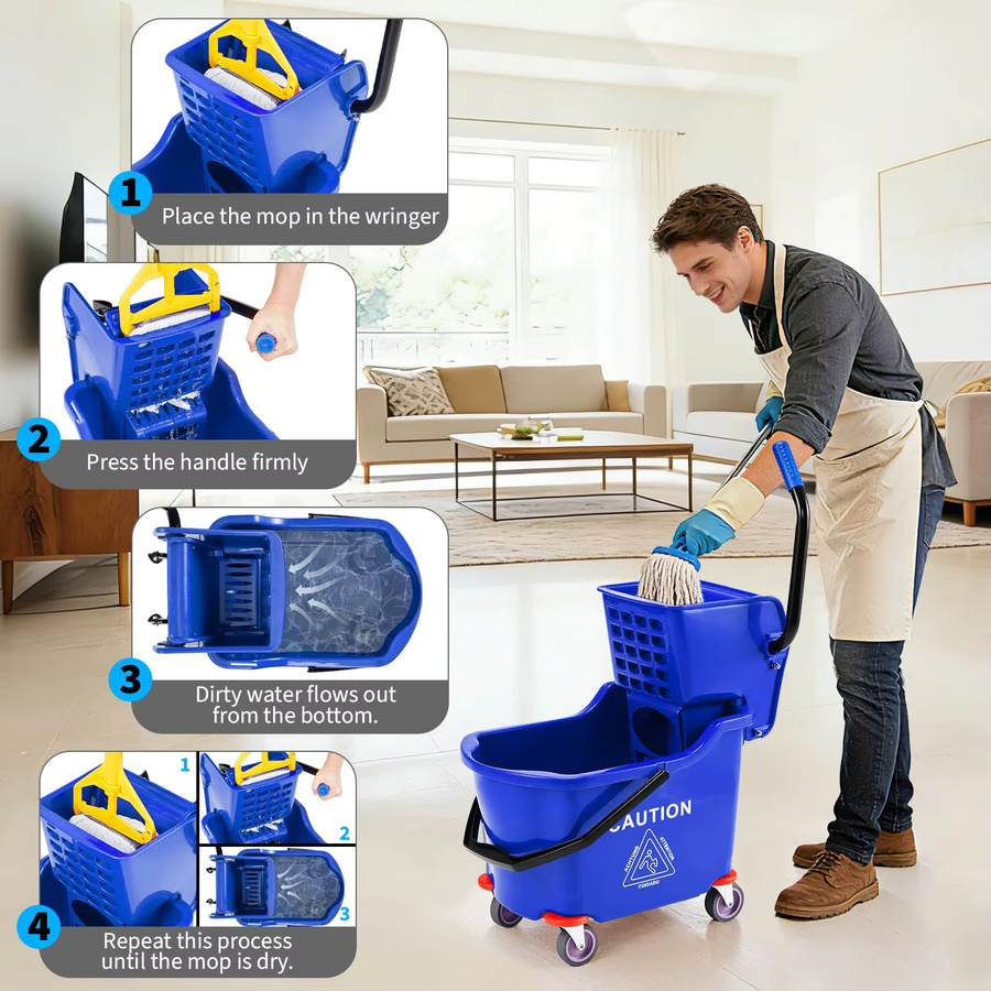 HiMISS Gewerblicher Moppeimer mit Seitenpresse und Rädern aus Kunststoff, 33 Liter, Gelb/Blau - Bild 5