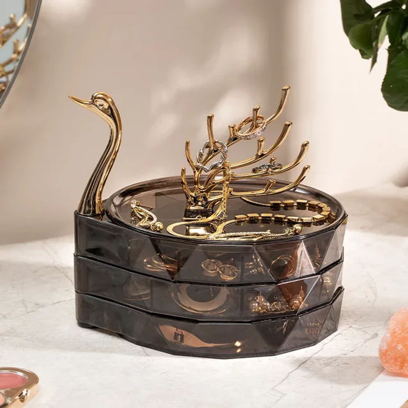 Schwan Schmucks Schmuckvitrine aus Kunststoff mit großer Kapazität und mehreren Ebenen in Grau und Transparent mit Goldakzenten - Bild 1