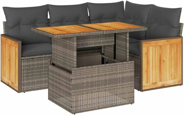 vidaXL 5-teilige Garten-Sofagarnitur aus Poly-Rattan und Akazienholz in Grau mit Kissen - Bild 1