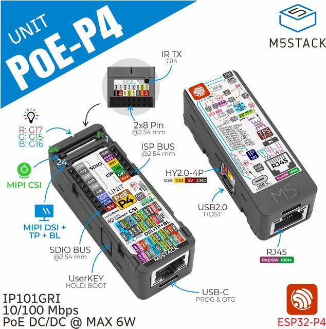 M5Stack PoE-Einheit mit ESP32-P4 und Ethernet/LAN in Schwarz - Bild 1