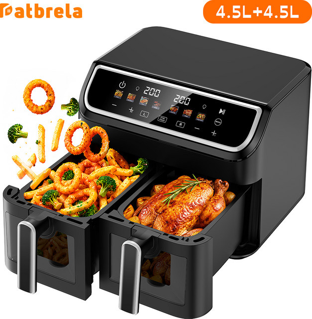 Patbrela Dual Air Fryer XXL Heißluftfritteuse mit 9L Kapazität, 2000W Doppelkorb-Fritteuse mit digitalem Touchscreen, Schwarz - Bild 1