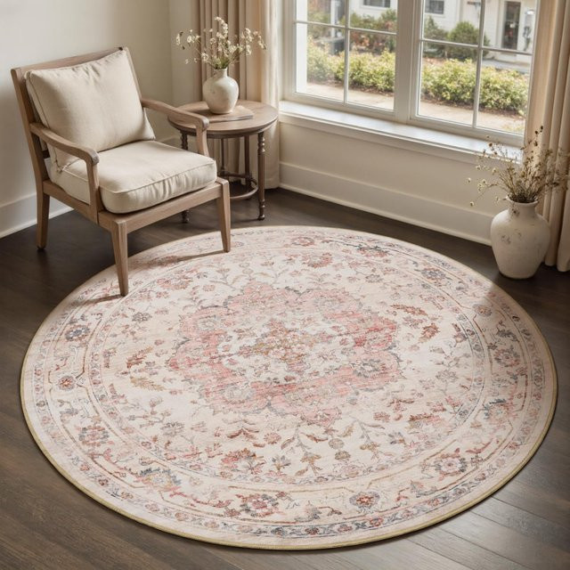 VIKAMA Runder Teppich im Vintage Bohemian Nordic Style, Rutschfest und Weich, Multicolour, Durchmesser: 60 cm - Bild 1