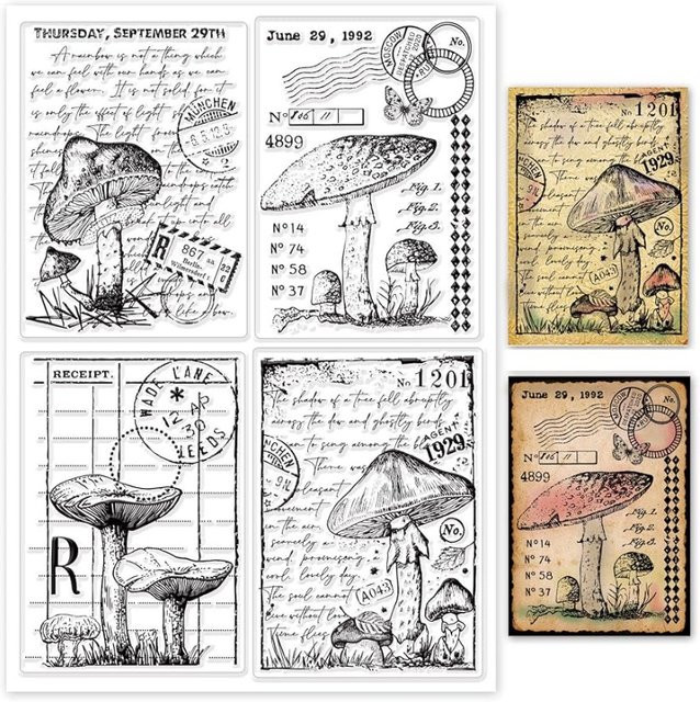 Transparentes Silikonstempel-Set mit 4 Vintage-Pilzmotiven für die Kartenherstellung, B/H/T: 21 x 14,8 x 0,3 cm - Bild 1