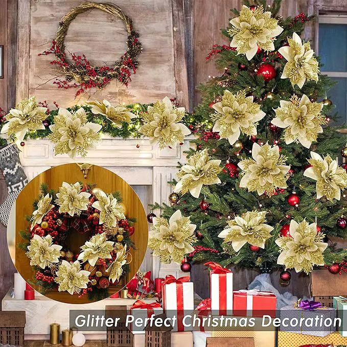 Uflower Glitter Blumen mit Clip in Gold, 5 Stück, Künstliche Blumen als Weihnachtsdekoration und Party-Ornament, Höhe: 13 cm - Bild 1