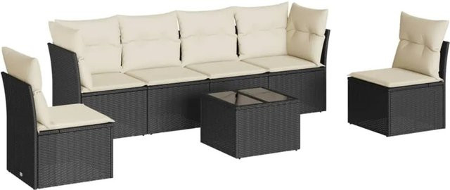 vidaXL 7-tlg Garten-Sofagarnitur aus Poly-Rattan mit Kissen und Glastisch in Schwarz Modell 60 - Bild 1
