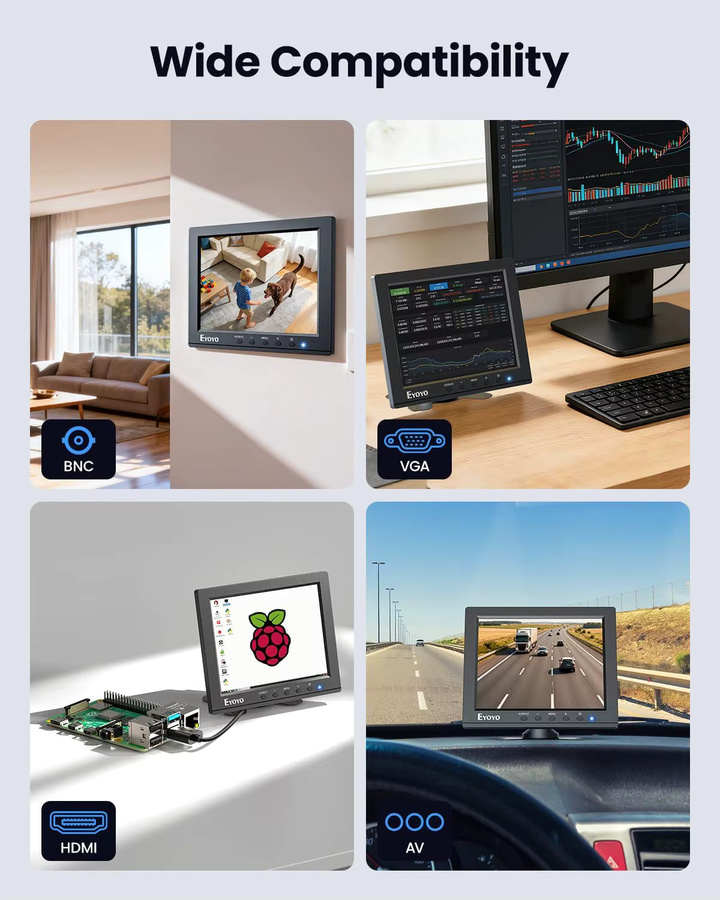Eyoyo 8-Zoll Überwachungskamera-Monitor in Schwarz mit 1024x768 Auflösung, HDMI, VGA, BNC, AV und USB Anschlüssen sowie integrierten Lautsprechern - Bild 7