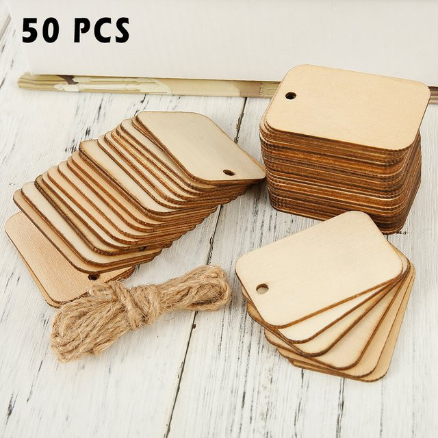 50 Stück rechteckige Holzscheiben aus Naturholz in Braun mit Seilen für deine DIY-Handwerksdekoration - Bild 1