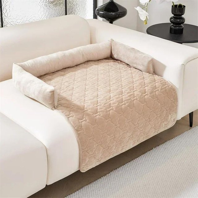 Waschbare Samt Haustierunterlage mit Karomuster in Beige, rutschfeste Bettunterlage für Hund und Katze, B/B: 90 x 90 cm - Bild 1