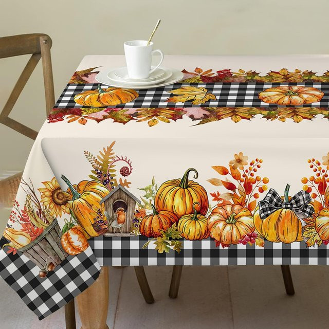 JMG Household Supplies Herbst Tischdecke mit Kürbis- und Ahornblatt-Motiv im Buffalo Plaid Design, Weiß, B/T: 140 x 140 cm - Bild 1