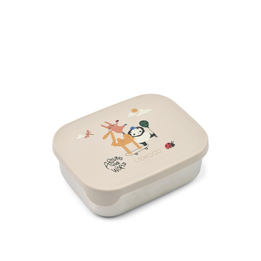 Liewood Arthur Printed Lunchbox Around the World in der Farbe Sand mit Unterteilungen aus Edelstahl und Silikon - Bild 1