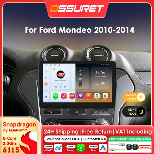 OSSURET Android 14 Auto-Multimedia-Videoplayer für Ford Mondeo 4 mk4 2010 - 2014 mit Carplay, Android Auto, 360 Kamera und Snapdragon 6115, Schwarz - Bild 1